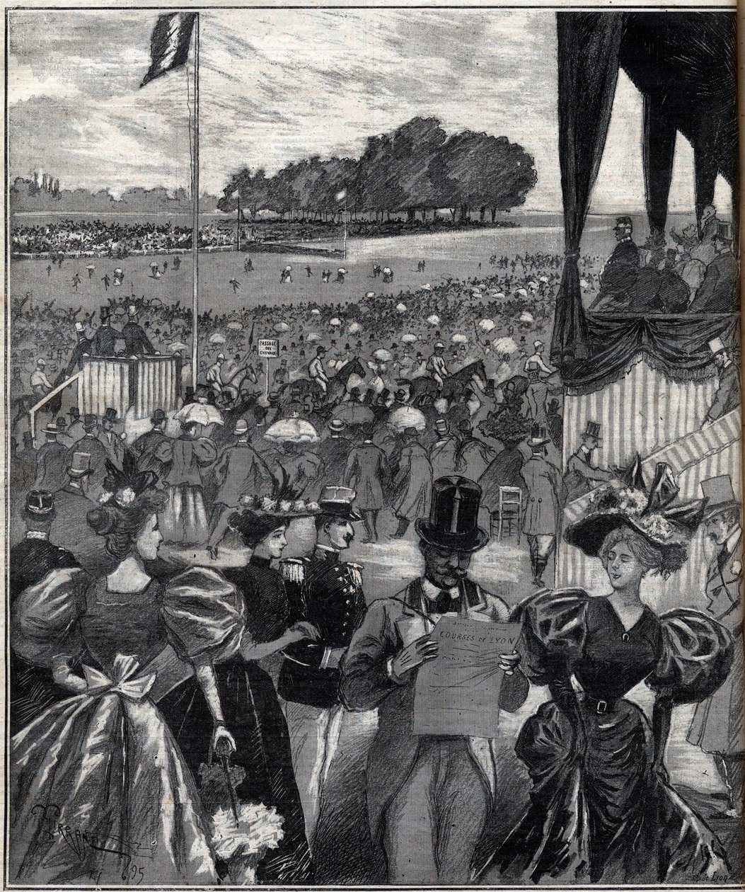 Les Courses de lyon (racetracks de Lyon) - po velké ceně - rytina v „Le Progres illustrious““ z roku 1895 od French School