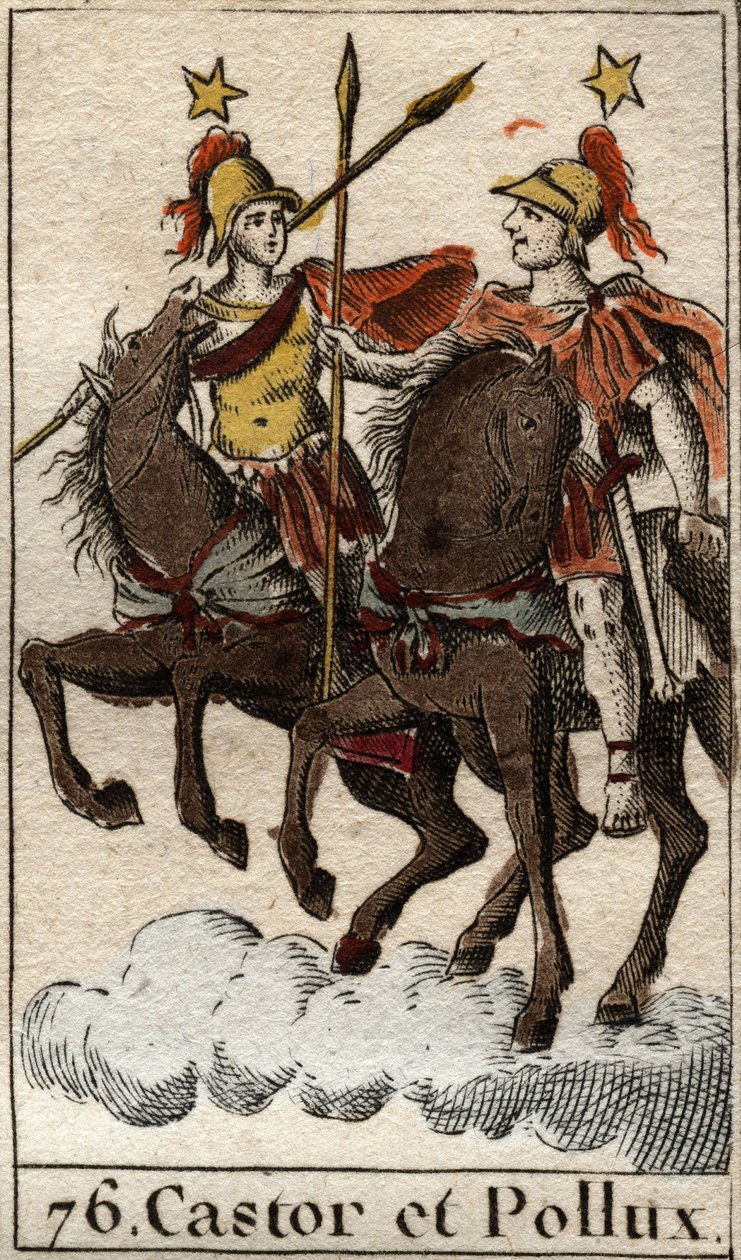 Les dioscures Castor et Pollux (Castor a Pollux the Dioscuri (Dioskouroi) z "Mythologie de la jeunesse" od Pierra Blancharda 1803 od French School