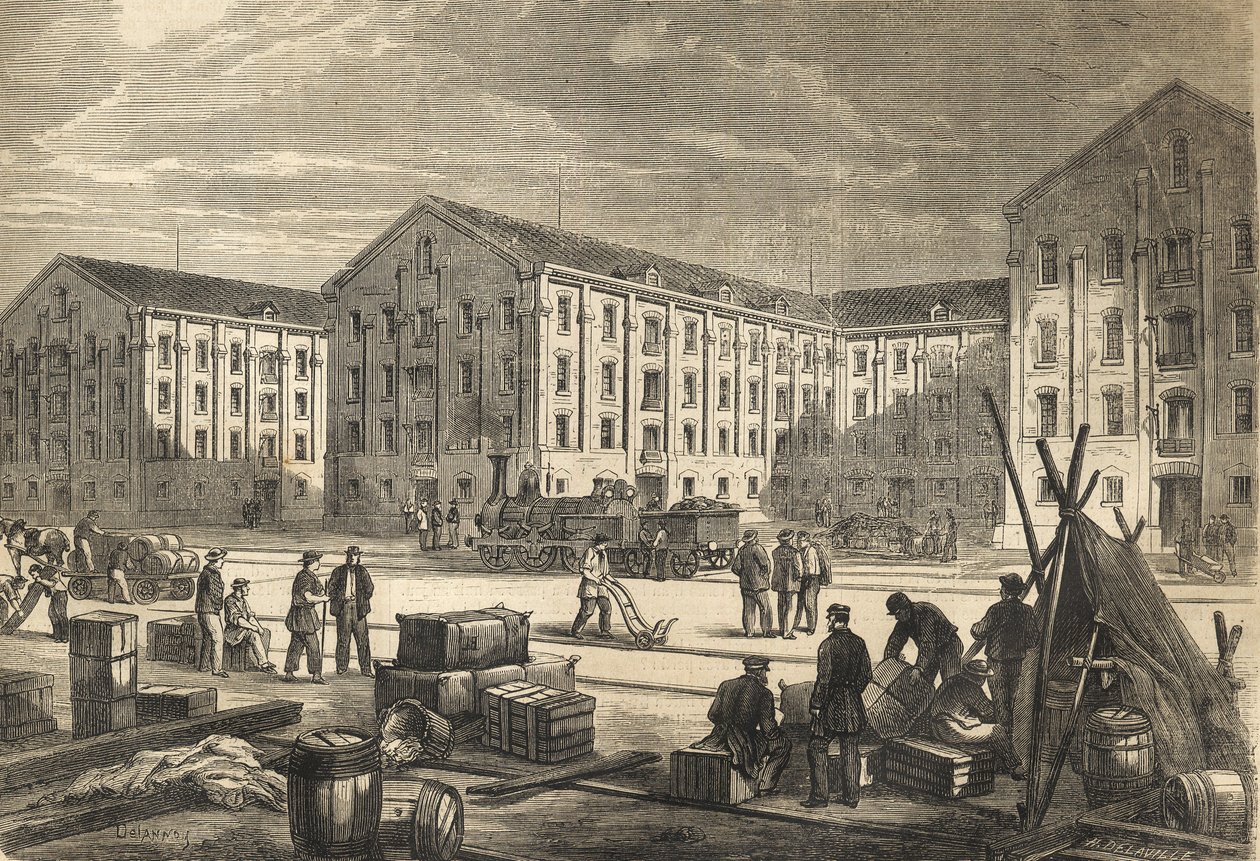Les docks de Rouen en en 1866 - Rouenské doky v roce 1866 - rytina od French School