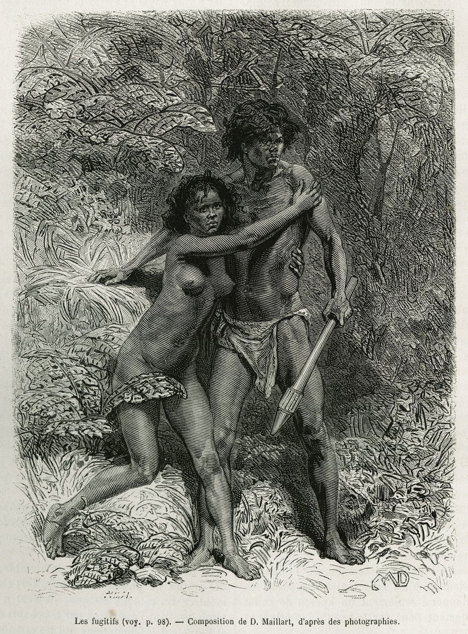 Les fugitives aborigenes, rytina podle kresby D. Maillarta k ilustraci příběhu Šest měsíců v Austrálii, Desire Charnay, misijní úkol ministerstva veřejného vzdělávání, v roce 1878, vydáno v Tour du monde, pod vedením řed. od French School