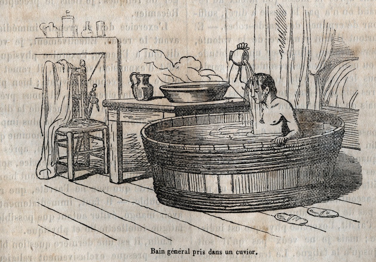 Gesta ke koupání - Hygiena v 19. století - koupel v misce - rytina v „La Sante Universelle - Guide Medical des Familles“ 1852 od French School