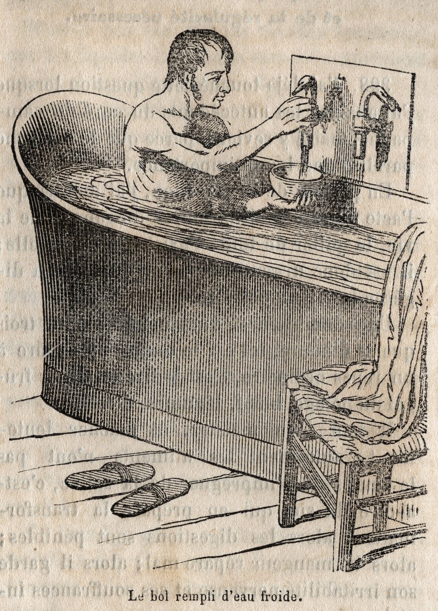Gesta při koupání - Hygiena v 19. století - muž ve vaně - rytina v „La Sante Universelle - Guide Medical des Familles“ 1852 od French School