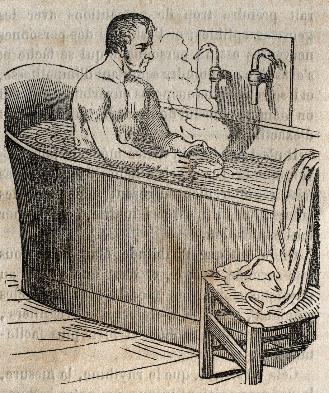 Gesta při koupání - Hygiena v 19. století - muž ve vaně - rytina v „La Sante Universelle - Guide Medical des Familles“ 1852 od French School