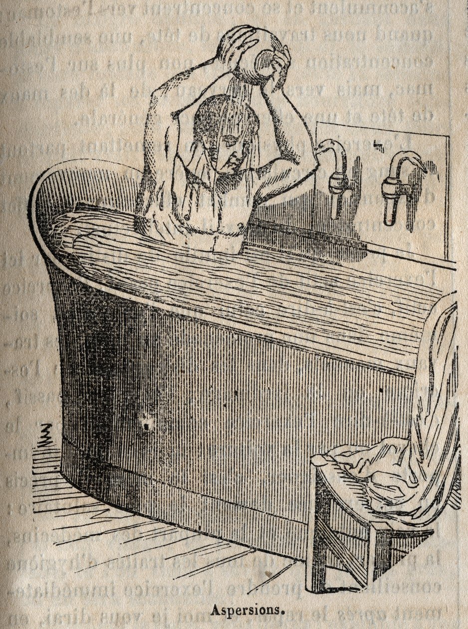 Gesta při koupání - Hygiena v 19. století - muž ve vaně - rytina v „La Sante Universelle - Guide Medical des Familles“ 1852 od French School