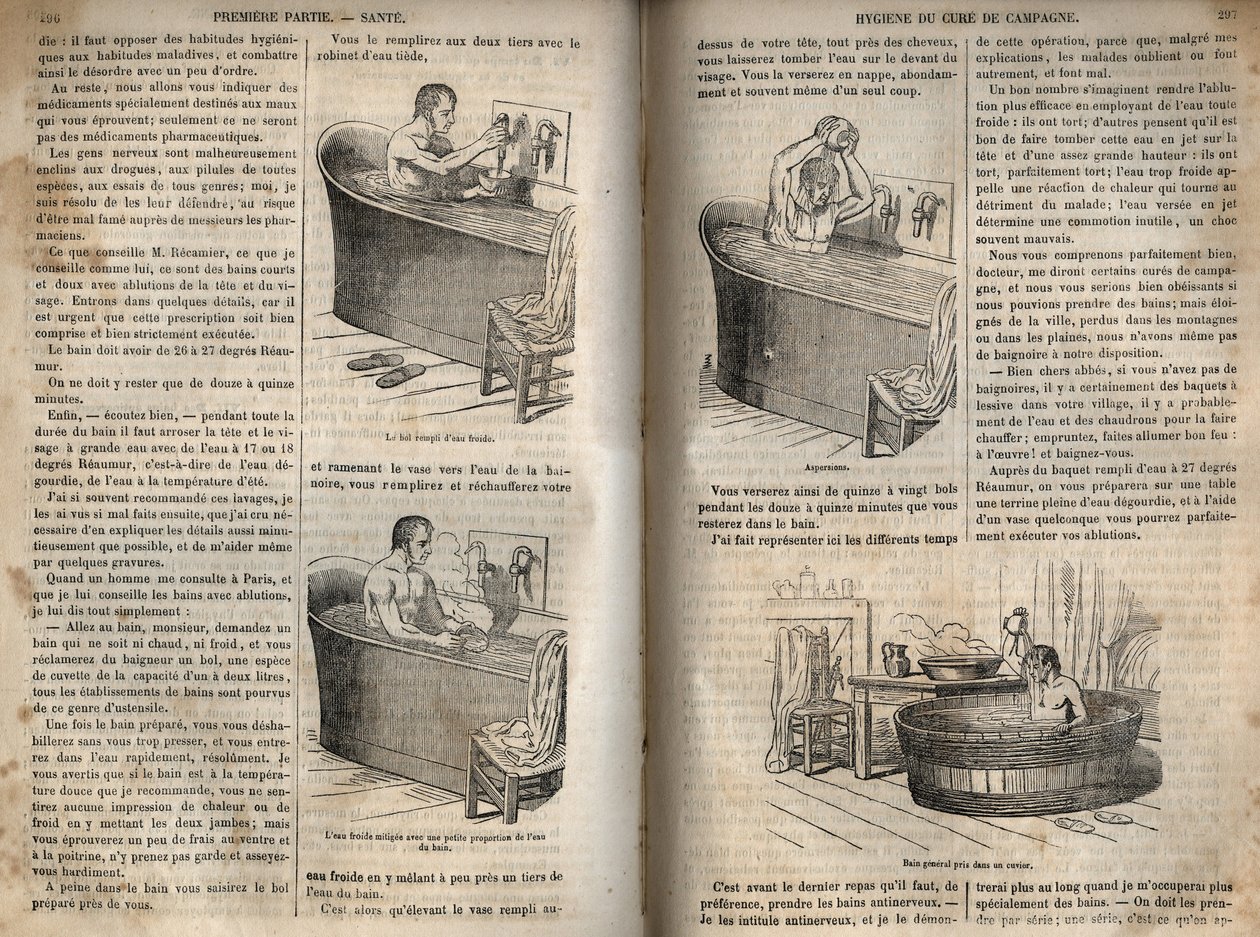 Gesta při koupání - Hygiena v 19. století - muž ve vaně - rytina v „La Sante Universelle - Guide Medical des Familles“ 1852 od French School