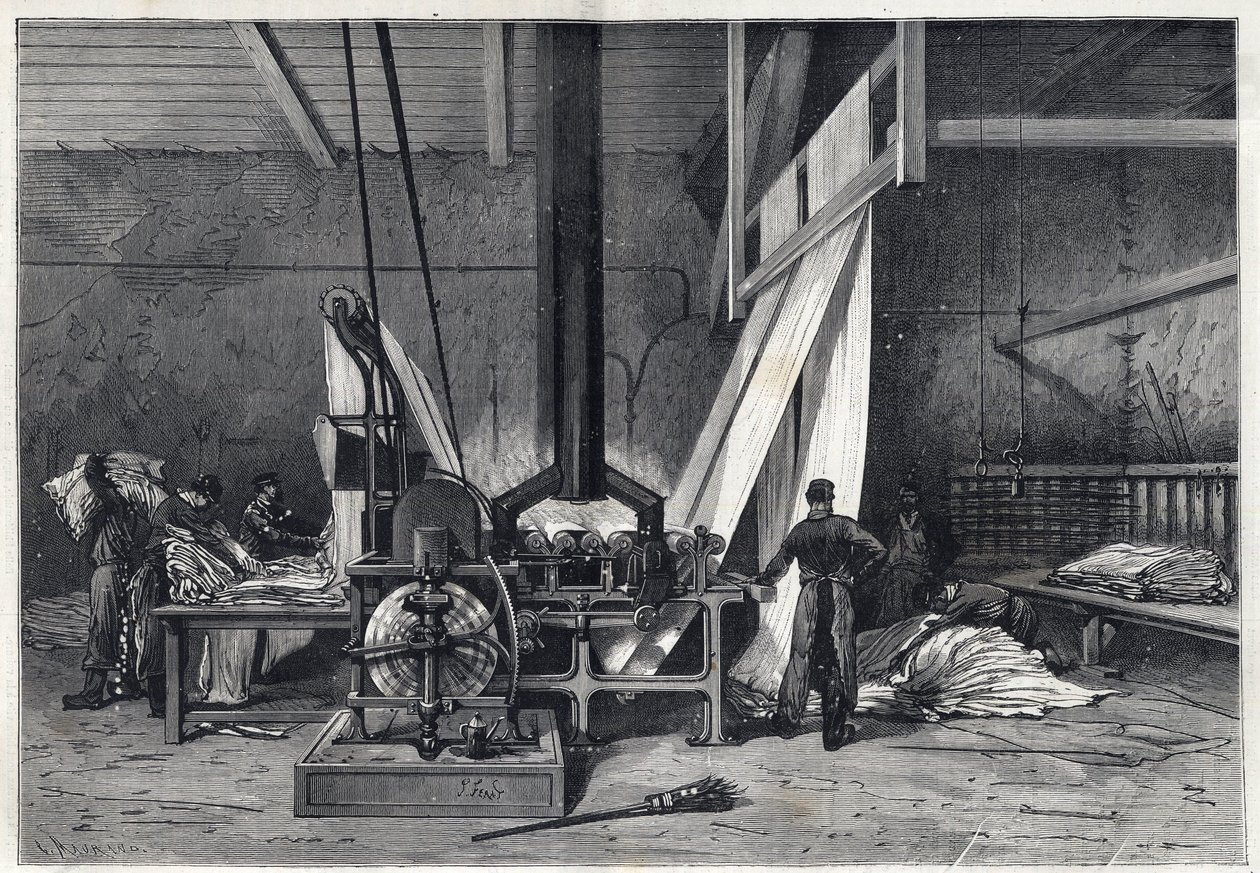 Velké továrny - Dyeing erie Boutarel v Clichy la Garenne - Le mesh des Etoffes - rytina z roku 1869 od French School