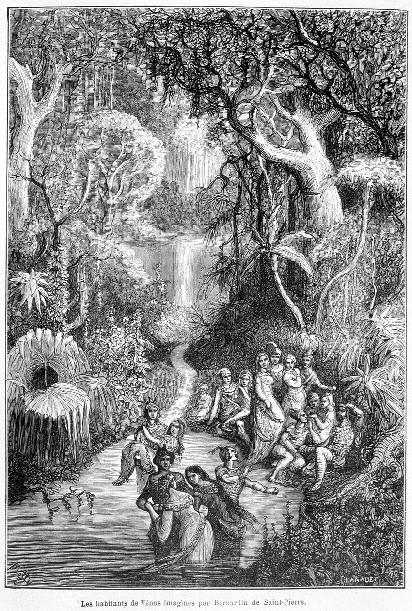 Obyvatelé Venuše představovaní Henri Bernardinem de Saint Pierre (Saint-Pierre nebo St-Pierre), francouzským spisovatelem (1737-1814) - v „zemích nebe“ od Camille Flammarion, ed. Marpon & Flammarion, Paříž od French School