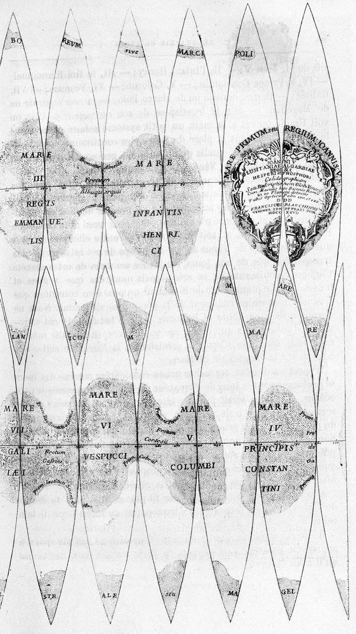 Moře Venuše a řezání jejích vřeten, které studoval Bianchini v roce 1727 - v „Les Terres du Ciel“ od Camille Flammarion, ed. Marpon & Flammarion, Paříž od French School