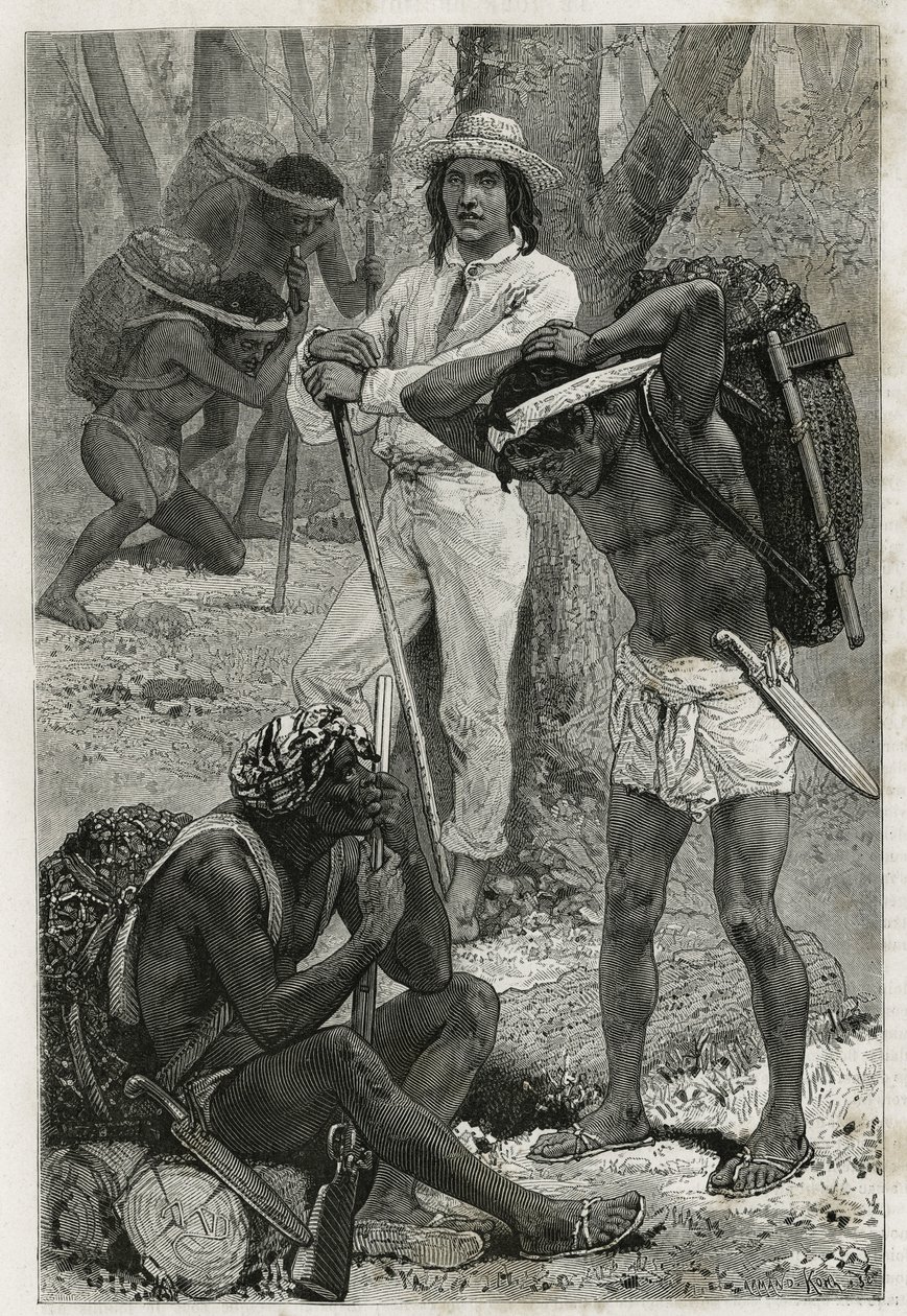 Les porters (caucheros), v Darienu (oblast východní Panamy), rytina podle kresby D. Maillarta pro ilustraci příběhu Průzkum šíjí Panamy a Darienu, od A. Recluse, poručíka lodi, v letech 1876 až 1878 , zveřejněné v tour du mo od French School