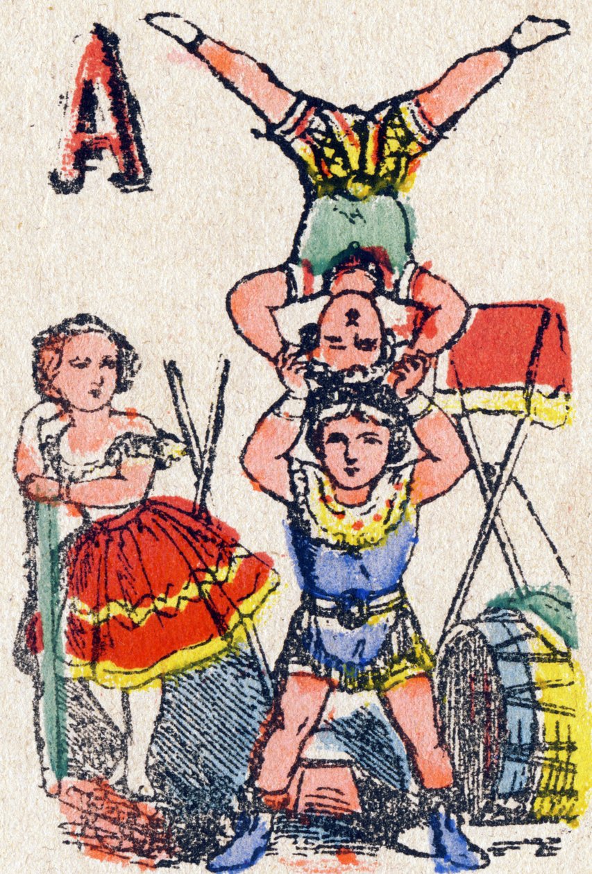 Písmeno A Akrobati. Rytina v "Alphabet des jeux"". Pan Vagne, redaktor, Pont-a-Mousson, konec 19. století. Růžová série. 12 stran. Album obsahující zjednodušený způsob čtení a ilustrovanou abecedu. Rozměr: 16,5 x 11 cm od French School