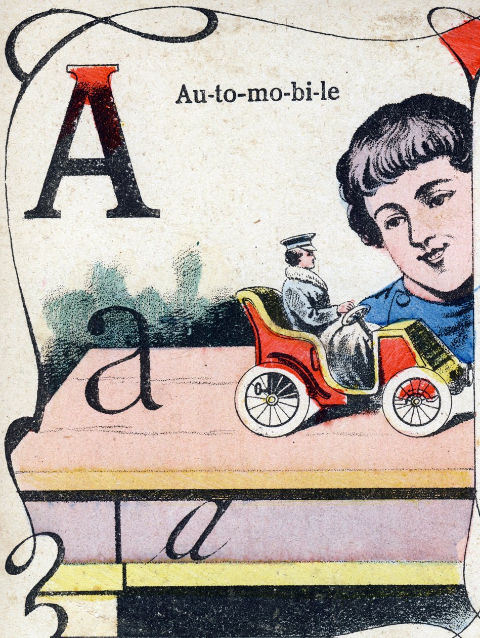 Písmeno A Automobil. Rytina v "ABC des joux pour petits boys". Imaging of Pont-a-Mousson, Louis Vagne, tiskárna-nakladatel, konec 19. století. Rozměr: 32,5 x 25 cm od French School