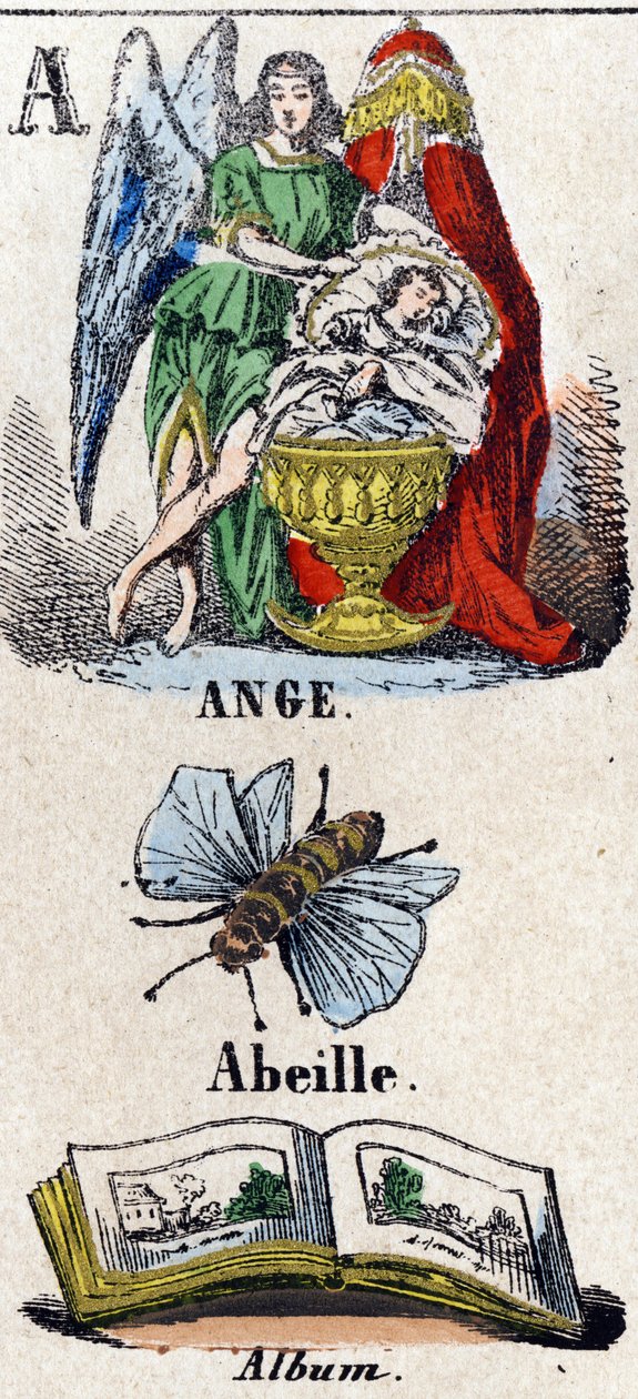 Písmeno A jako Angel, Bee a Album. Ochranný anděl poblíž dítěte spícího v kolébce. Malá encyklopedická abeceda. Imaging of Epinal, cca 1860. Dřevoryt, šablonováno se zlacením. Rozměr: 37,8 x 50,3 cm. Soukromá sbírka od French School