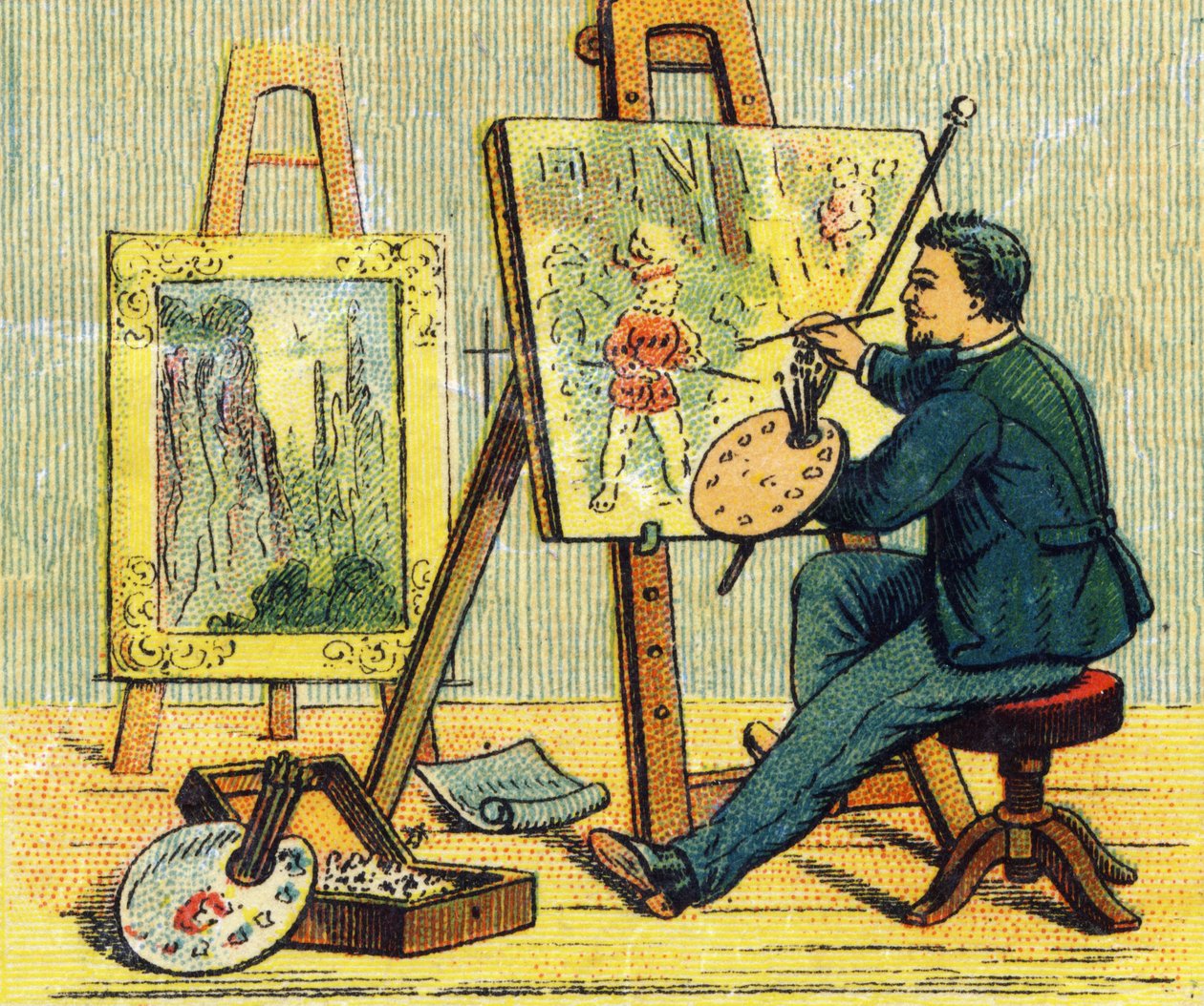 Písmeno A: malíř ve svém ateliéru. Rytina v "ABC indechirable na lakovaném plátně". A. Capendu, redaktor, Paříž, konec 19. století. Dětské knihkupectví ilustrované. 8 stran. Rozměr: 21,5 x 18 cm. od French School