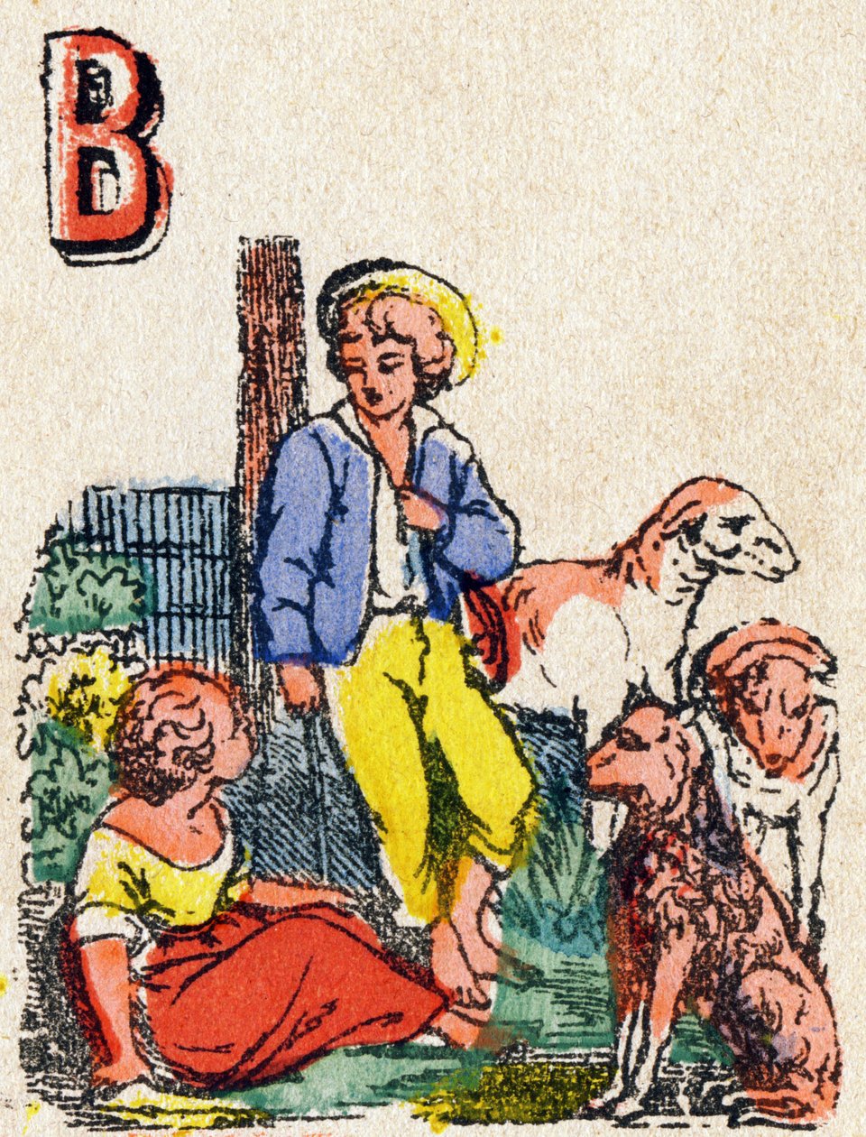 Písmeno B Pastýři. Rytina v "Alphabet des jeux"". Pan Vagne, redaktor, Pont-a-Mousson, konec 19. století. Růžová série. 12 stran. Album obsahující zjednodušený způsob čtení a ilustrovanou abecedu. Rozměr: 16,5 x 11 cm od French School