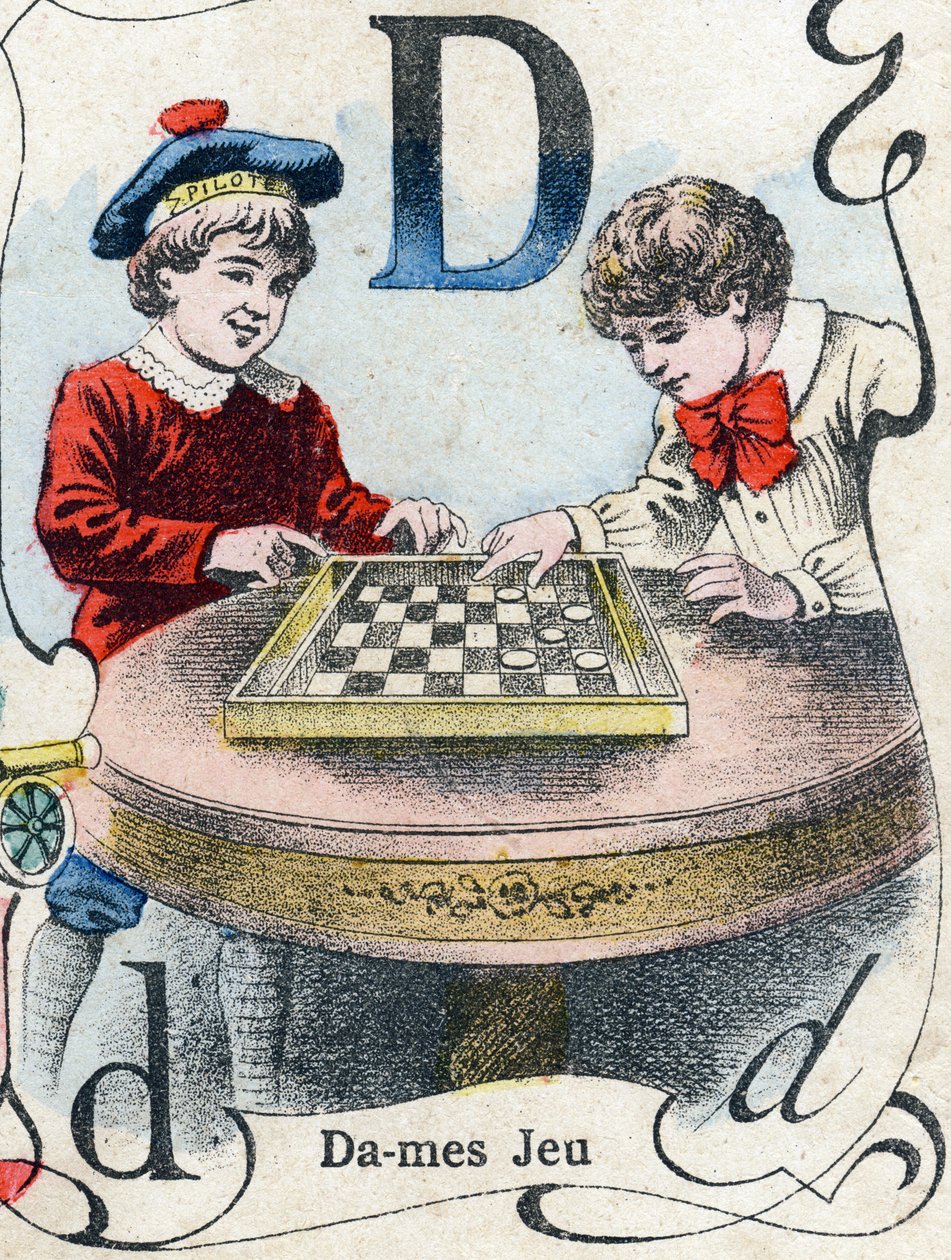 Písmeno D: Hra dáma. Rytina v "ABC des joux pour petits boys". Imaging of Pont-a-Mousson, Louis Vagne, tiskárna-nakladatel, konec 19. století. Rozměr: 32,5 x 25 cm od French School