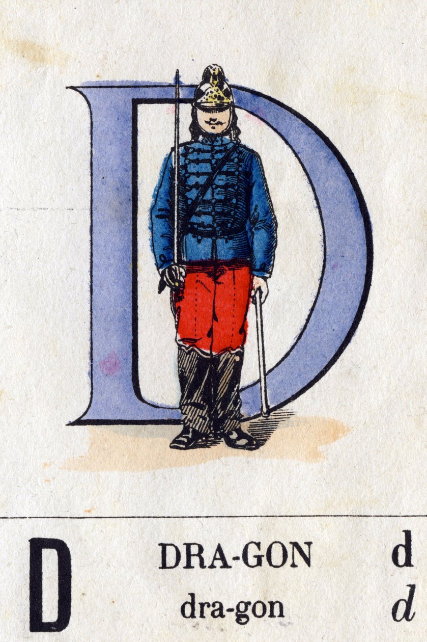 Písmeno D jako drak. Vojenská abeceda (ABC nebo abecední). Imaging of Epinal, cca 1870-1880). Dřevoryty v barvě šablony. Soukromá sbírka od French School