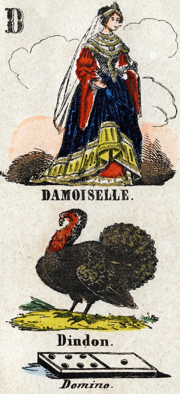Písmeno D jako damoiselle, krůta a domino. Malá encyklopedická abeceda. Imaging of Epinal, cca 1860. Dřevoryt, šablonováno se zlacením. Rozměr: 37,8 x 50,3 cm. Soukromá sbírka od French School