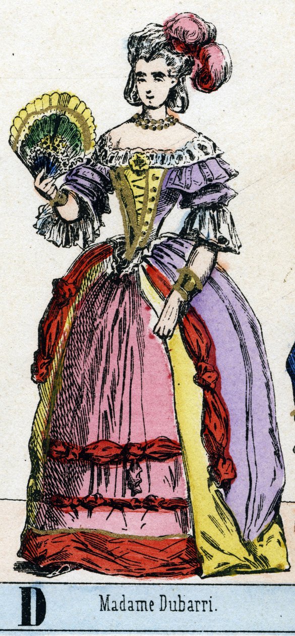 Písmeno D jako paní Dubarri. Portrét Jeanne Becu, dit de Cantigny, hraběnky du Barry (1743-1793), oblíbenkyně Ludvíka XV., francouzského krále. Abecedář Divadelního muzea. Imaging of Epinal, cca 1830. Rozměr: 37,7x47,5cm. Rytiny na dřevě, šablonované s od French School