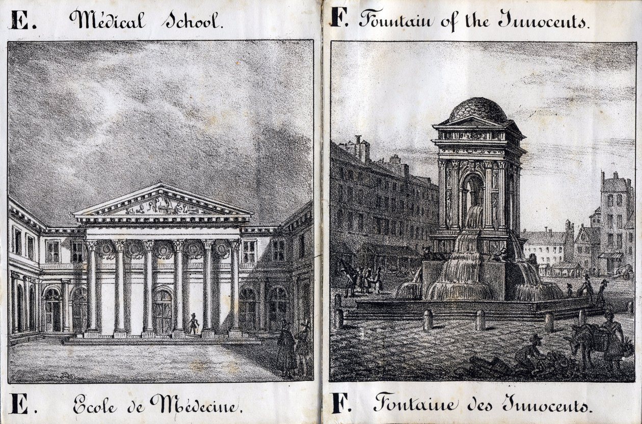Písmeno E a F: Lékařská fakulta a fontána neviňátek - "Alphabet Picturesque des Monumens de Paris" c.1840 (rytina) od French School