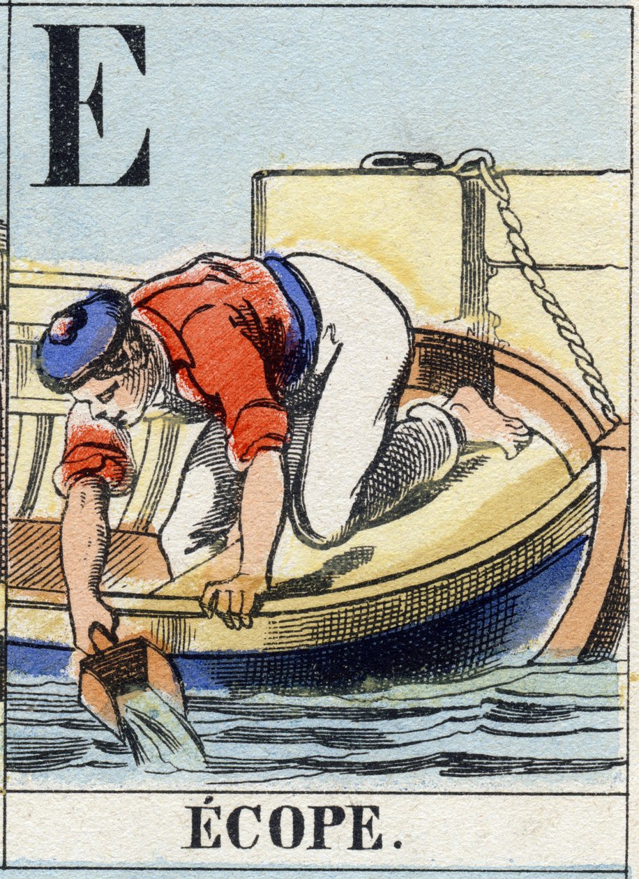 Písmeno E jako ecope. Námořnická abeceda. Epinal obraz, konec 19. století. Dřevoryt v barvě šablony od French School