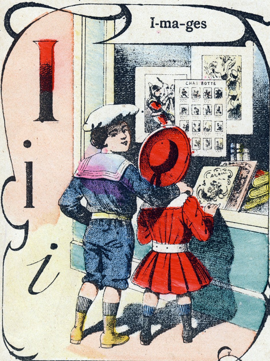 Písmeno I: obrázky. Rytina v "ABC des joux pour petits boys". Imaging of Pont-a-Mousson, Louis Vagne, tiskárna-nakladatel, konec 19. století. Rozměr: 32,5 x 25 cm od French School