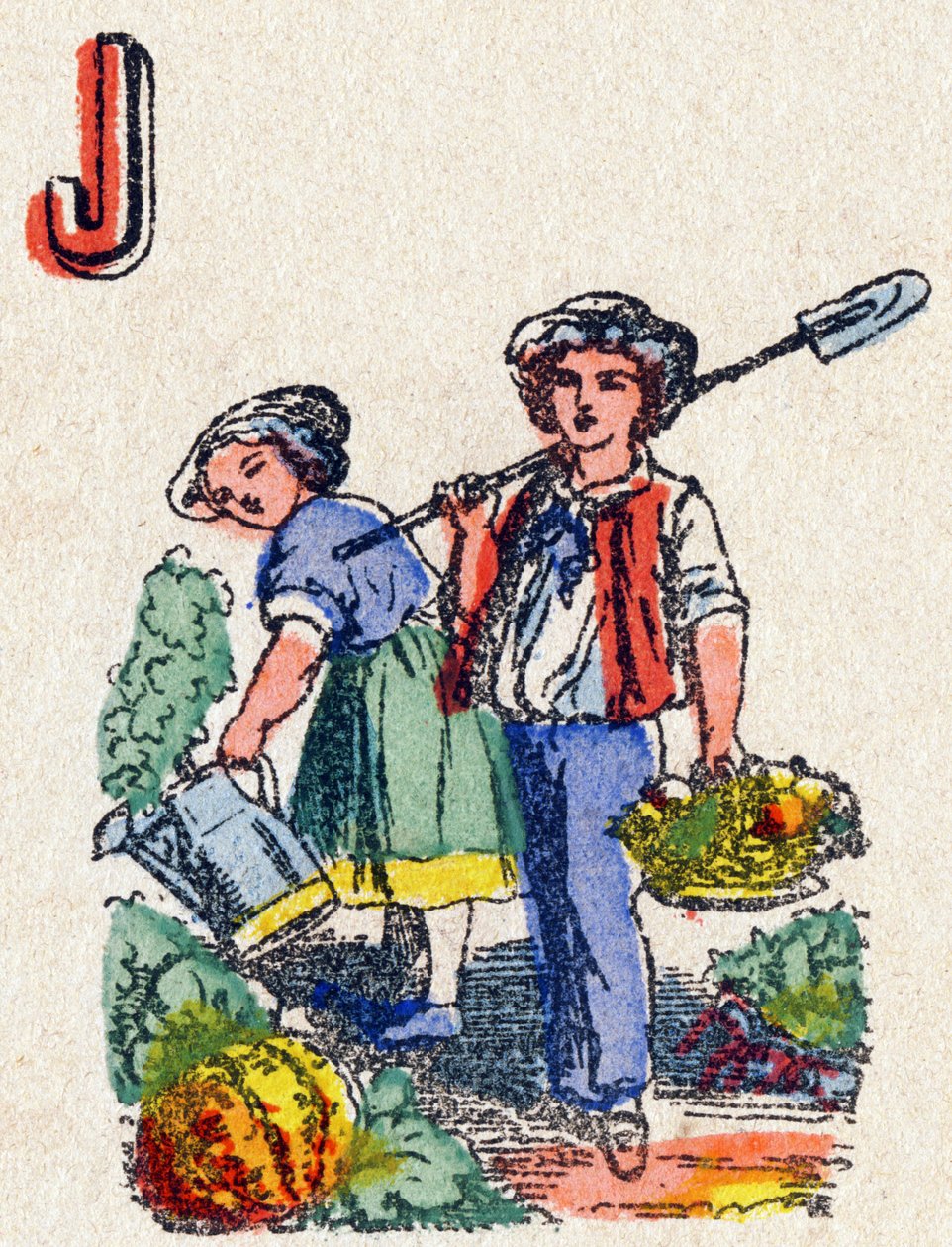 Písmeno J Zahradníci. Rytina v "Alphabet des jeux"". Pan Vagne, redaktor, Pont-a-Mousson, konec 19. století. Růžová série. 12 stran. Album obsahující zjednodušený způsob čtení a ilustrovanou abecedu. Rozměr: 16,5 x 11 cm od French School