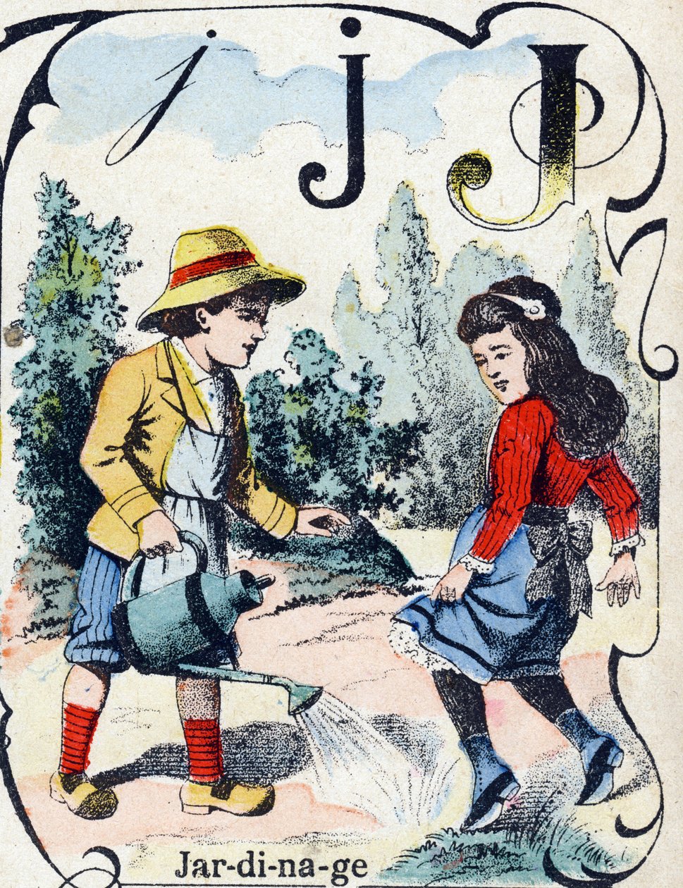 Písmeno J: Zahradnictví. Rytina v "ABC des joux pour petits boys". Imaging of Pont-a-Mousson, Louis Vagne, tiskárna-nakladatel, konec 19. století. Rozměr: 32,5 x 25 cm od French School