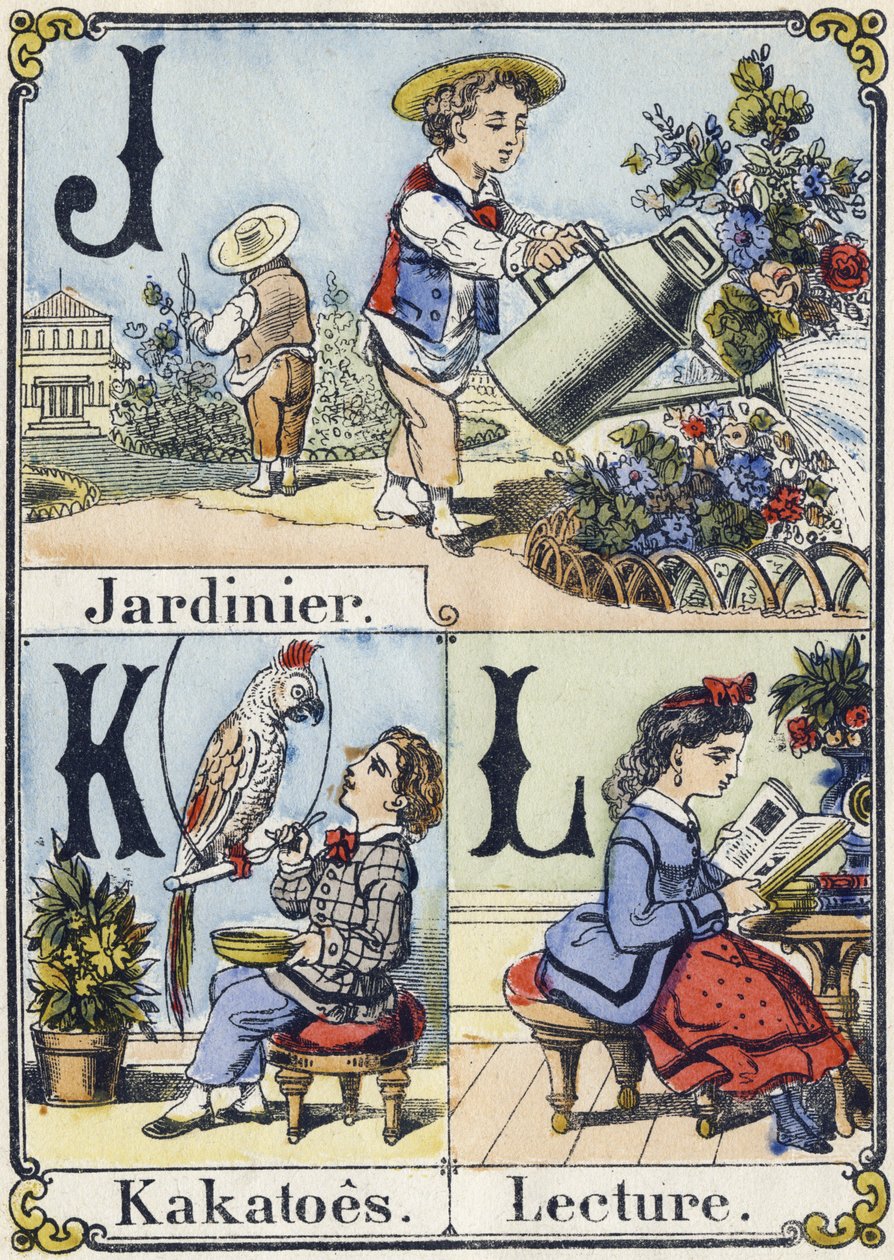 Písmeno J, K a L: zahradník, kakatoes a čtení. Rekreační abeceda. Epinální zobrazování. Šablony do dřeva, kolem roku 1880. Malá 16stránková brožurka od French School