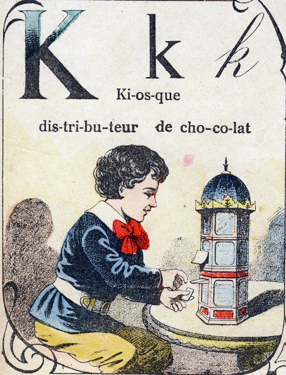 Písmeno K: kiosek s dávkovačem čokolády. Rytina v "ABC des joux pour petits boys". Imaging of Pont-a-Mousson, Louis Vagne, tiskárna-nakladatel, konec 19. století. Rozměr: 32,5 x 25 cm od French School