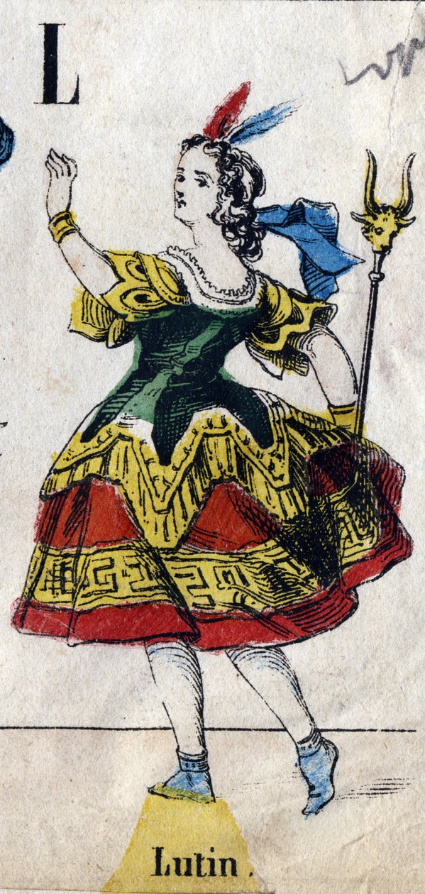 Písmeno L: Leprechaun. Gravírování v "Abecední maškaráda". Nové epinalové zobrazování. Tisk-litografie Pinot et Sagaire, redakce, Epinal, 2. polovina 19. století . Deska Ná 491 s 25 iluminovanými písmeny. Rozměr: 40,5 x 28 cm od French School