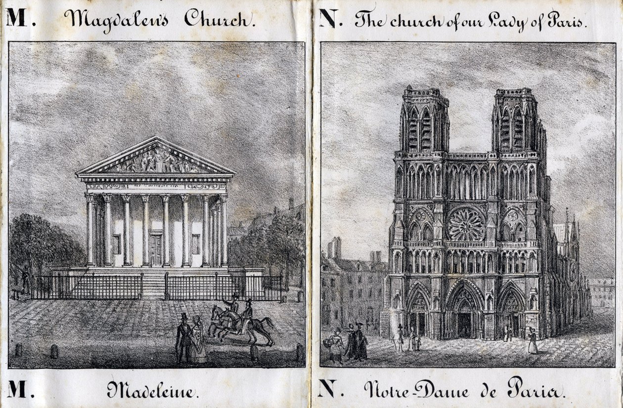 Písmeno M Madeleine a N Notre-Dame de Paris (Notre Dame de Paris) - "Alphabet Picturesque des Monumens de Paris" c.1840 (rytina) od French School