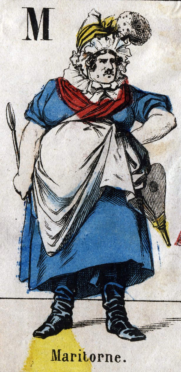 Písmeno M: Maritorne. Gravírování v "Abecední maškaráda". Nové epinalové zobrazování. Tisk-litografie Pinot et Sagaire, redakce, Epinal, 2. polovina 19. století . Deska Ná 491 s 25 iluminovanými písmeny. Rozměr: 40,5 x 28 cm od French School