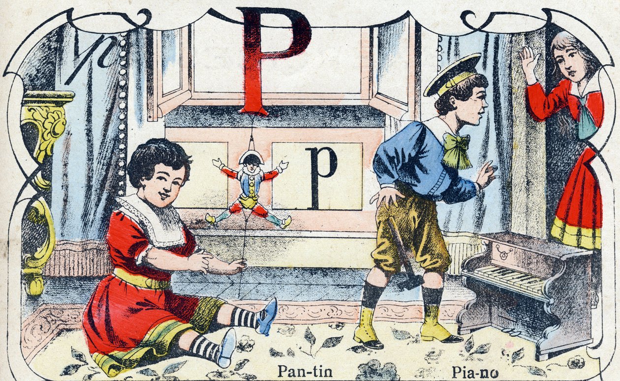 Písmeno P Pantin Piano. Rytina v "ABC des joux pour petits boys". Imaging of Pont-a-Mousson, Louis Vagne, tiskárna-nakladatel, konec 19. století. Rozměr: 32,5 x 25 cm od French School