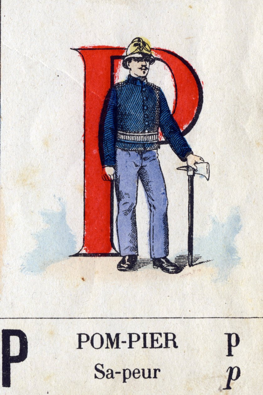 Písmeno P jako hasič. Vojenská abeceda. Imaging of Epinal, circa 1870-1880. Dřevoryty v barvě šablony od French School