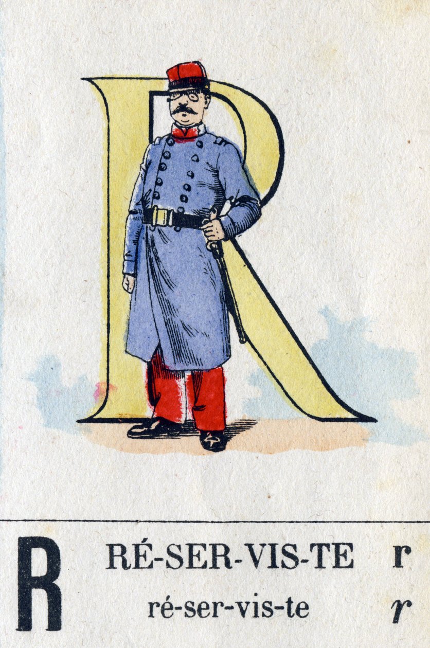 Písmeno R jako záložník. Vojenská abeceda. Imaging of Epinal, circa 1870-1880. Dřevoryty v barvě šablony od French School