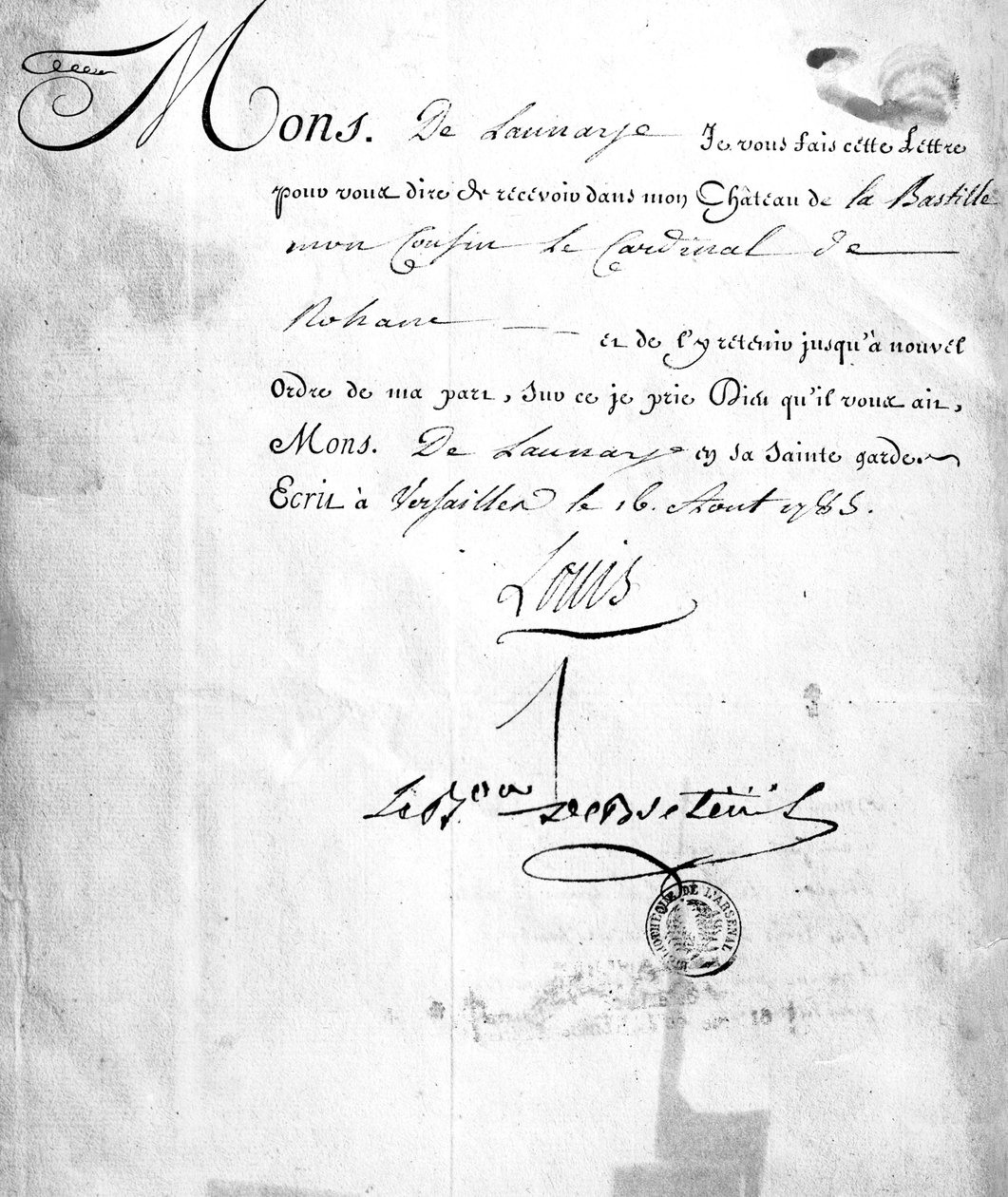 Dopis z Carhelu, podepsaný baronem Louisem de Breteuil, nařizující uvěznění kardinála de Rohan v „Afair of the Diamond Necklace“, 26. srpna 1785 (inkoust na papíře) od French School