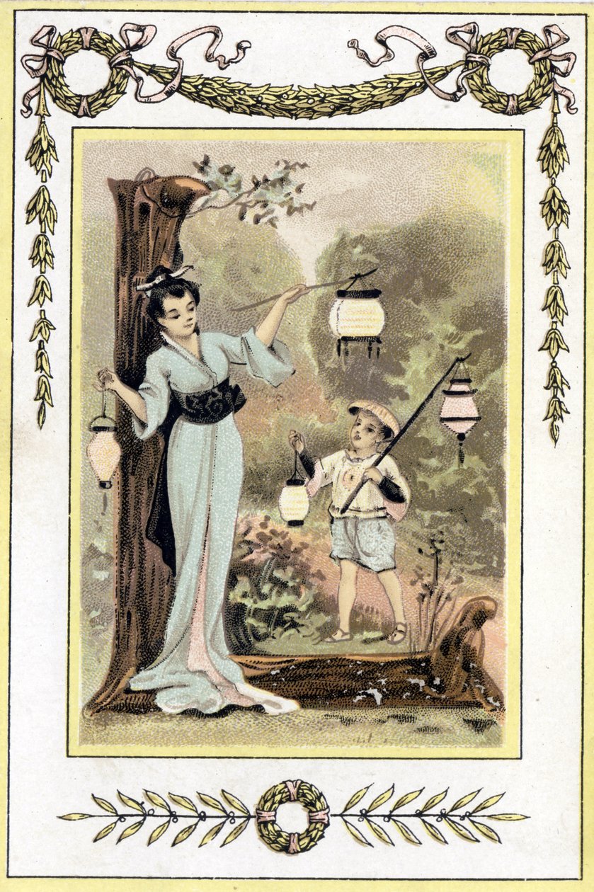 Dopis představující japonskou matku a jejího syna s lucernami, konec 19. století (chromolitograf) od French School