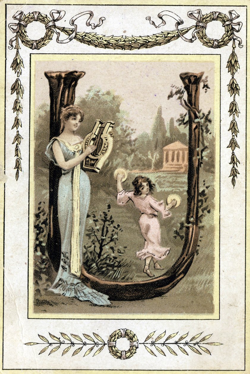 Dopis představující matku hrající na lyru a její dceru tančící s tympány, konec 19. století (chromolitograf) od French School