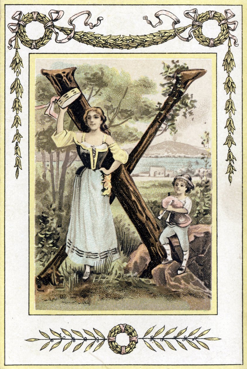 Dopis představující matku s tympány a jejího syna v pastýři s dudami, konec 19. století (chromolitograf) od French School