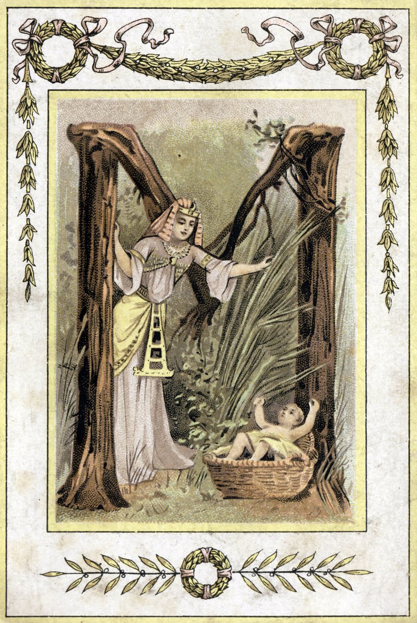 Dopis představující egyptskou matku nacházející opuštěné dítě (Mojžíš zachraňuje vody), konec 19. století (chromolitograf) od French School