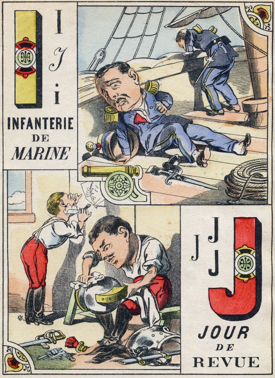 Dopisy I a J: Marine Infantry and Review Day. Rytina v "Comic Military Alphabet". Pátá série. Epinální zobrazování. Pellerin a Cie, Tiskaři, Epinal, konec 19. století. 16 stran. Rozměr: 25 x 18,5 cm od French School