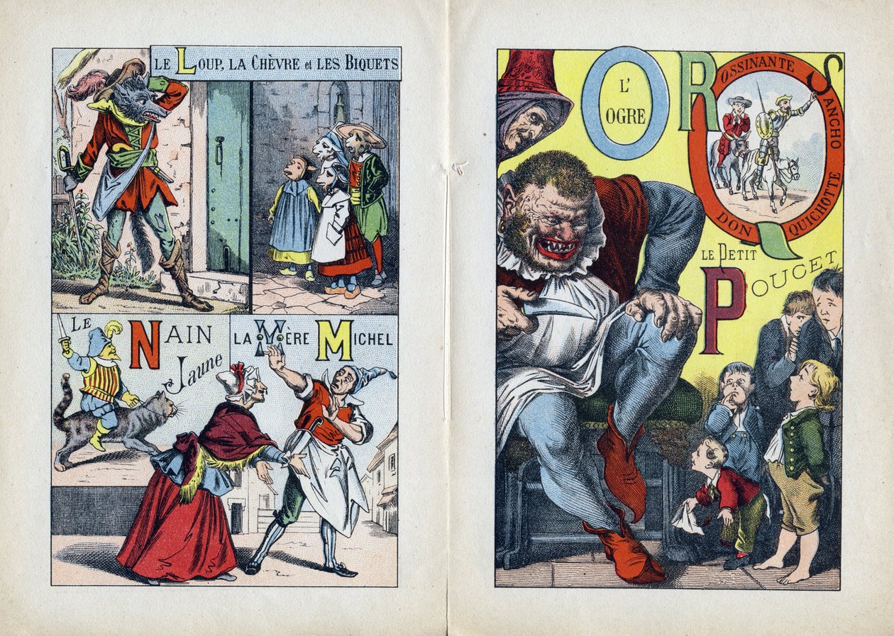 Písmena: L M N O P Q R S (centrální dvoustrana). Vlk, koza a biquet, La Mere Michel, Le Nain jaune, L