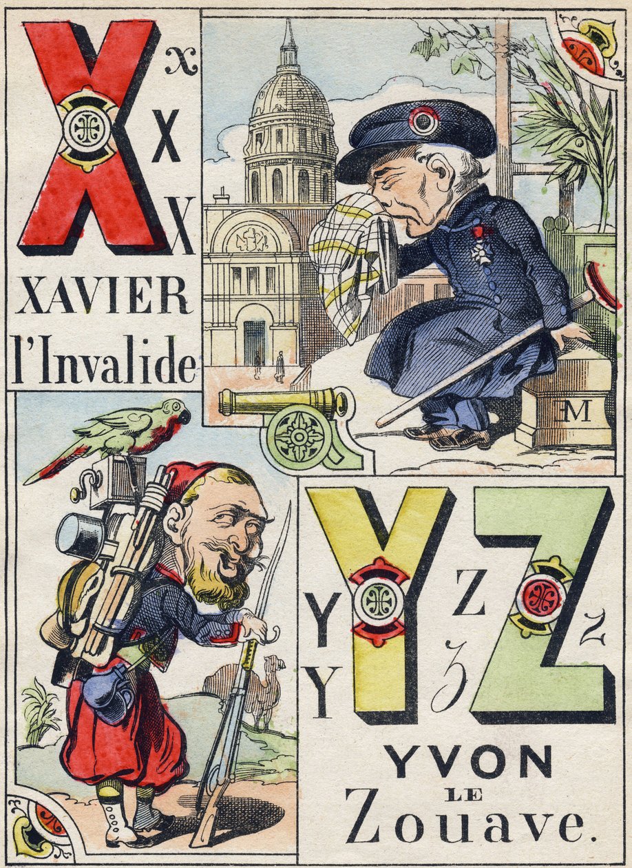 Písmena X Y Z: Xavier invalida a Yvon Zouave. Rytina v "Comic Military Alphabet". Pátá série. Epinální zobrazování. Pellerin & Cie, tiskárny, Epinal, konec 19. století. 16 stran. Rozměr: 25 x 18,5 cm od French School