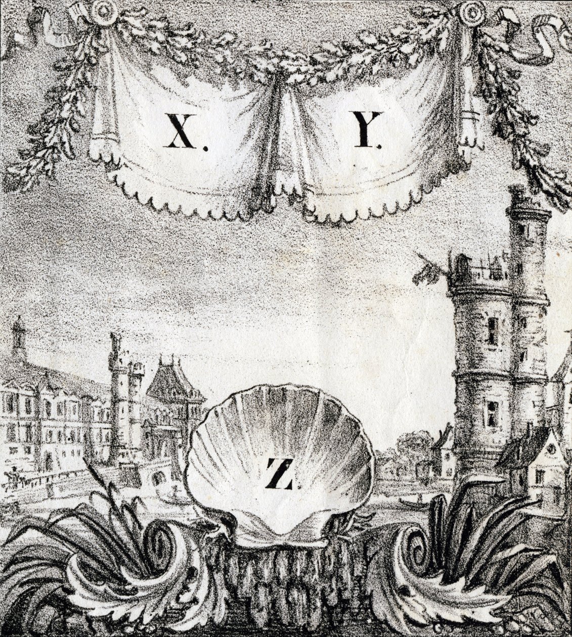 Písmena X, Y a Z: Paříž v roce 1500 - "Alphabet Picturesque des Monumens de Paris" kolem roku 1840 (rytina) od French School