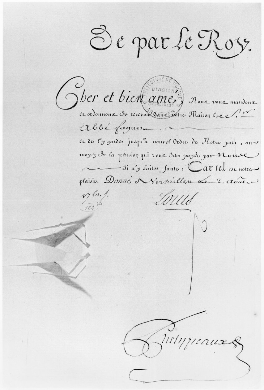 Lettre de Cachet krále Ludvíka XV. k uvěznění abbého Faguera, 2. srpna 1761 (pero a inkoust na papíře) od French School