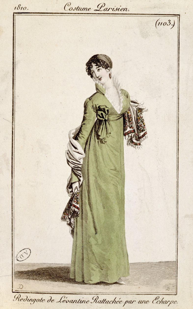 Levantinský kabátek se zapínáním na šátek, módní talíř z Costume Parisien, 1810 od French School