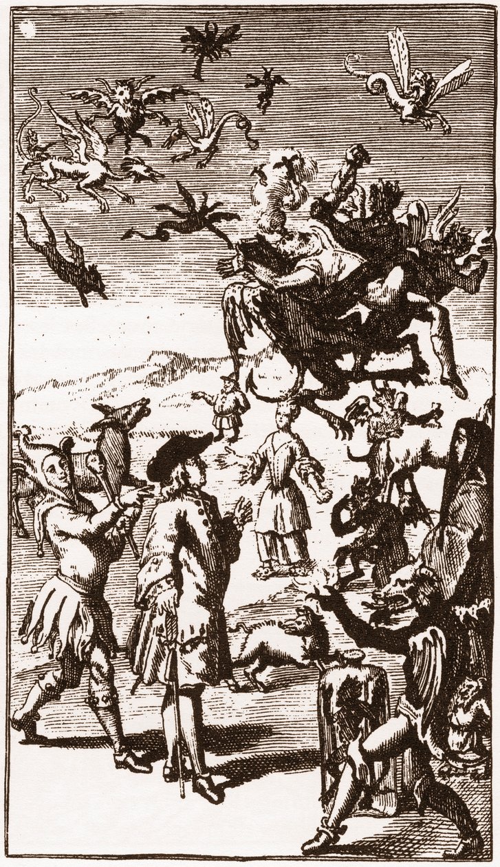 Evokace démonů, rytina z roku 1710 v „Příběhu extravagantních představ monsieur Oufle“ od Laurenta Bordelona (1653-1730) od French School