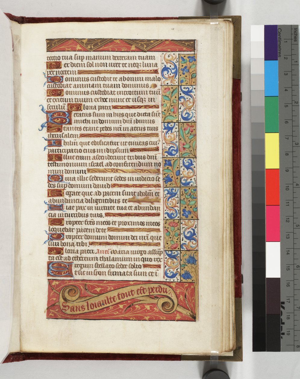 Lewis E 113 f.20r Zdobená textová stránka s mottem Bez loajality je vše ztraceno, 1500-15 od French School