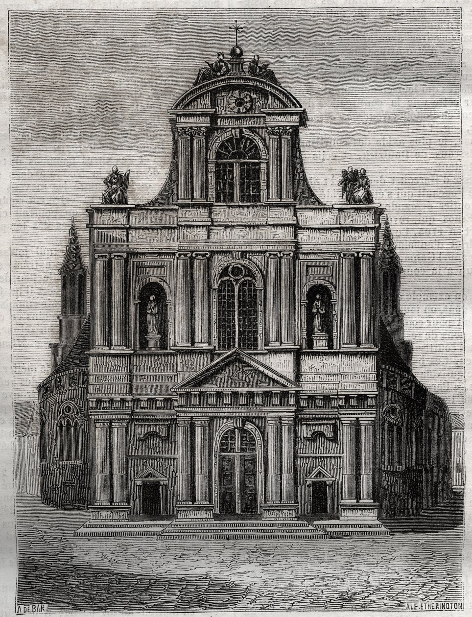 Kostel Saint Gervais Saint Protais (Saint-Gervais-Saint-Protais) (fasáda Klementa II. Metezeaua) Paříž (4. arr) Rytina do „“ Fyzických, civilních a morálních dějin Paříže: od nejstarších historických dob po současnost “ od Jacques Antoine Dulaure od French School