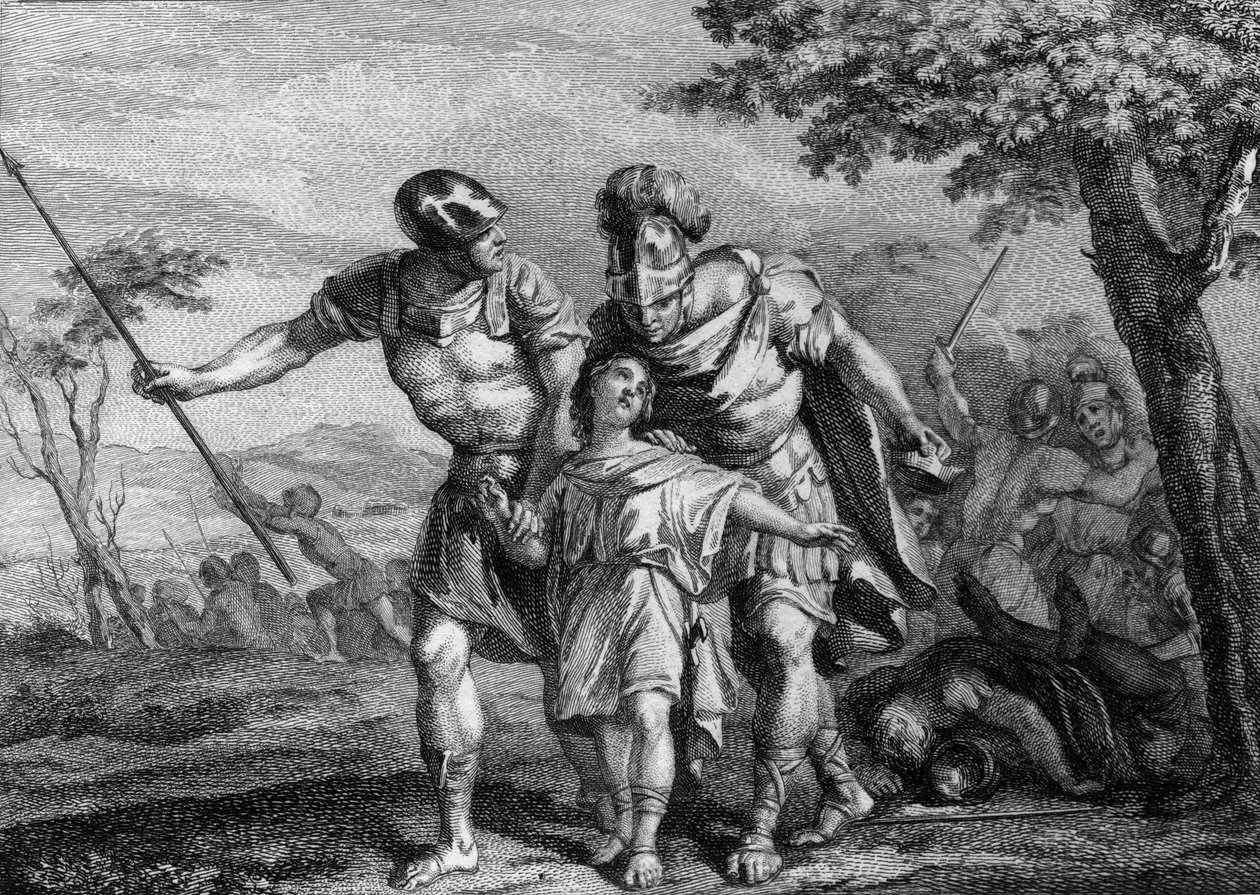 Osvobození Childeberta II. (570-596), krále Austrasie, 575: syn Childeberta I. a Brunehildy (Brunehaut), byl odvezen svým strýcem Chilpericem 1erem po smrti svého otce. Rytina 18. století. od French School